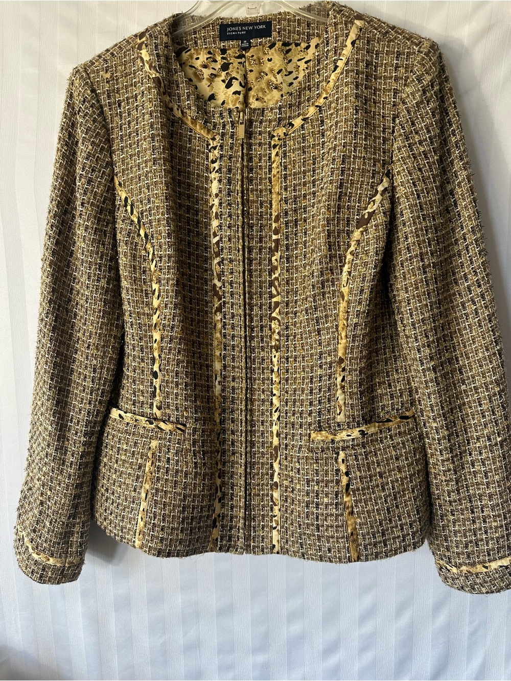 Jones New York Gold and Brown Tweed Zip-Front Blazer